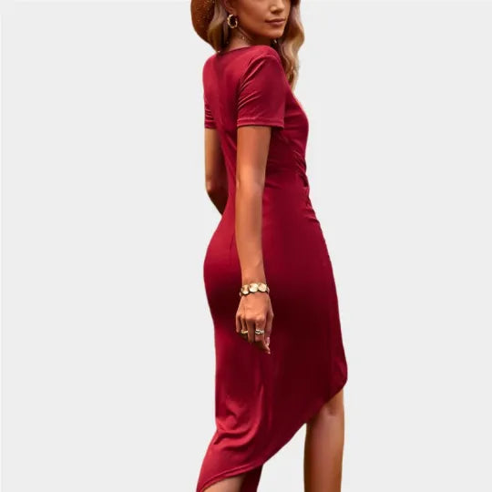 red wrap dress short Zedker Women's Solid Color Mini Dresses Summer V-Neck Short Ruffle Hem Short Wrap Dresses, Plus Size RedM