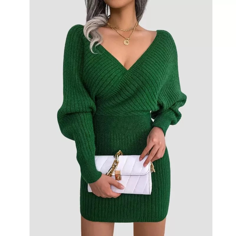 Green Bodycon Sweater Dress V neck Batwing Sleeve Sexy Dress