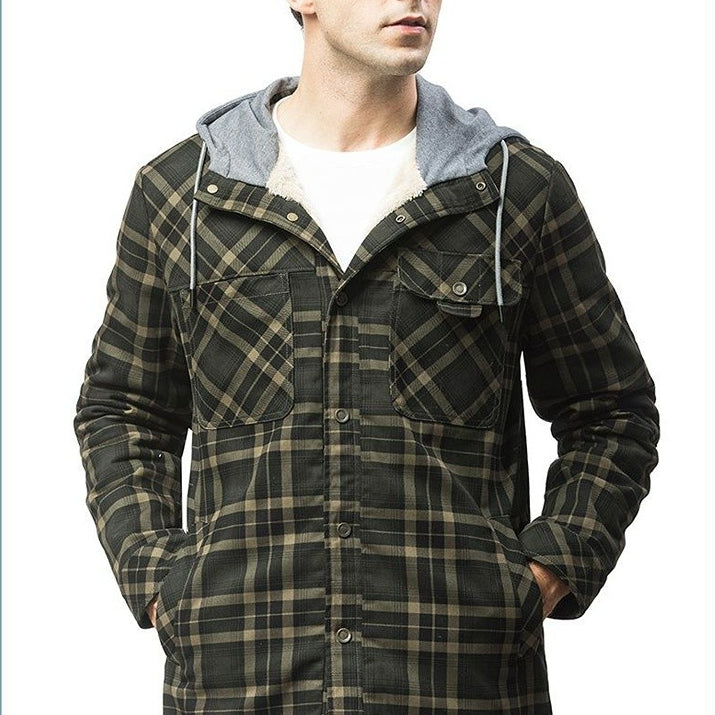 Men's outdoors Flannel Lined Shirt Jacket Hooded Vintage Jacket In Green Checks