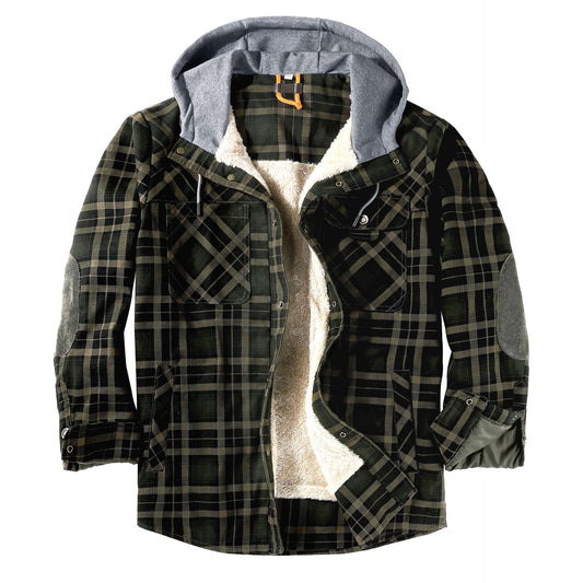 Men's outdoors Flannel Lined Shirt Jacket Hooded Vintage Jacket In Green Checks