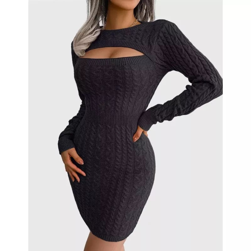 Cable Knit Black Sweater Dress Bust Cut out Sexy Dress Bodycorn Fit