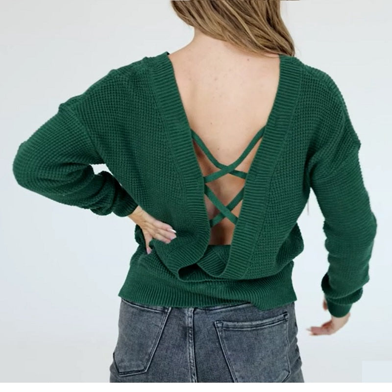 Knit Sweater Backless Sexy Green Sweater