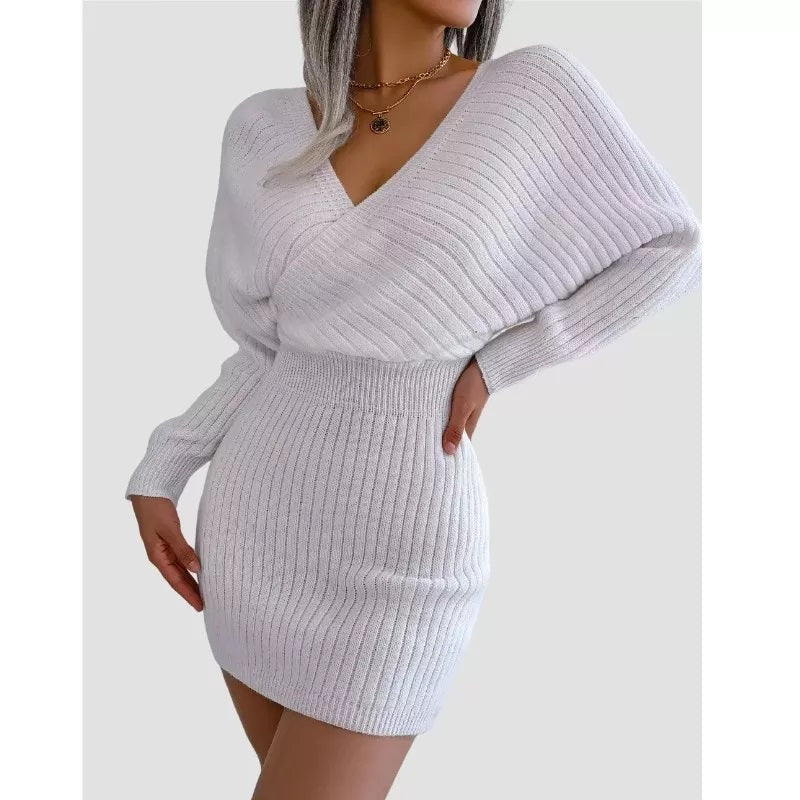 White Bodycon Sweater Dress V neck Batwing Sleeve Sexy Dress