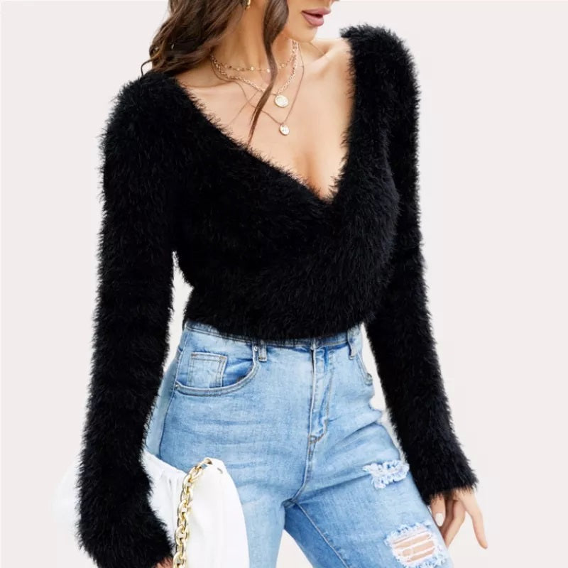 Womens V Neck Sweater Mohair Cropped Sweater Sexy Pullover