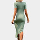 Green Wrap Dress Short Sleeve Crew Neck Midi Dress