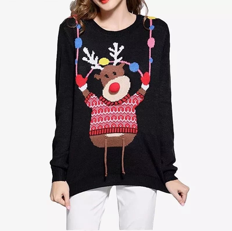 Ugly Christmas Sweater Long Sleeve Pullover Elk Deer Print