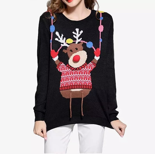 Ugly Christmas Sweater Long Sleeve Pullover Elk Deer Print