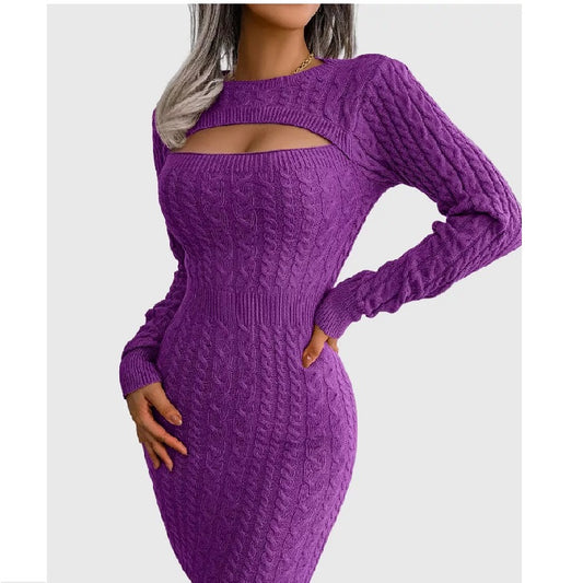 Cable Knit Purple Sweater Dress Bust Cut out Sexy Dress Bodycorn Fit
