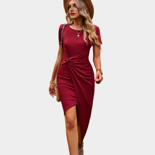 Red Wrap Dress Short Sleeve Crew Neck Midi DressRed Wrap Dress Short Sleeve Crew Neck Midi Dress