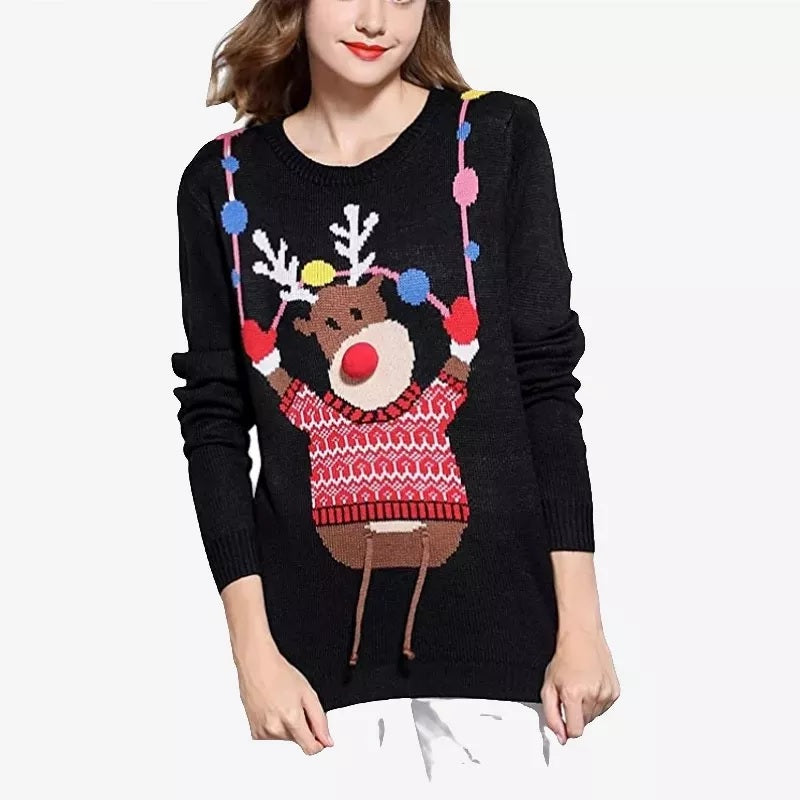 Ugly Christmas Sweater Long Sleeve Pullover Elk Deer Print