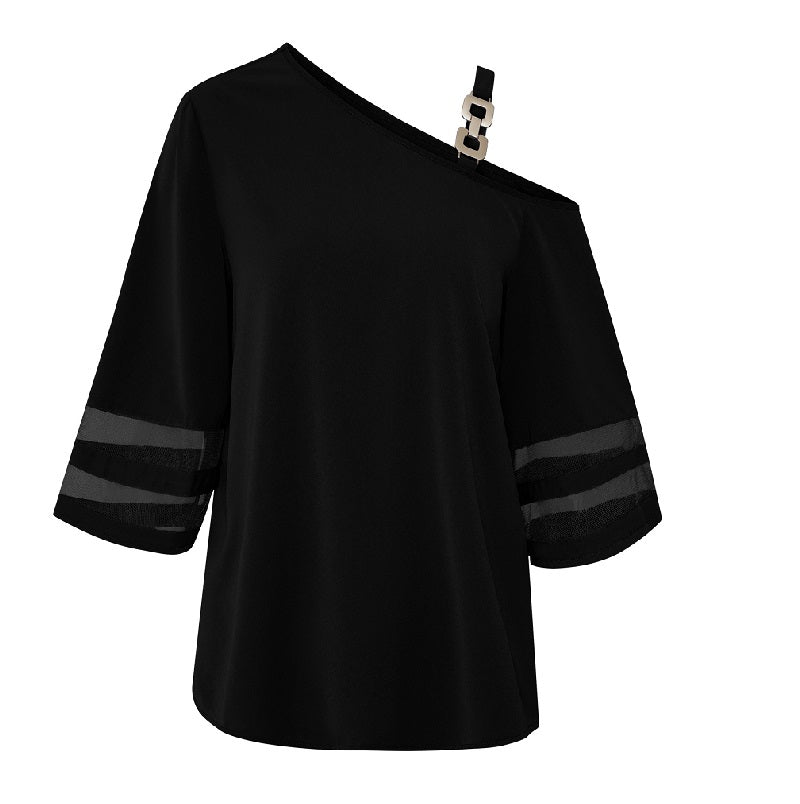 One Shoulder Blouse Elbow Sleeve Black Blouse