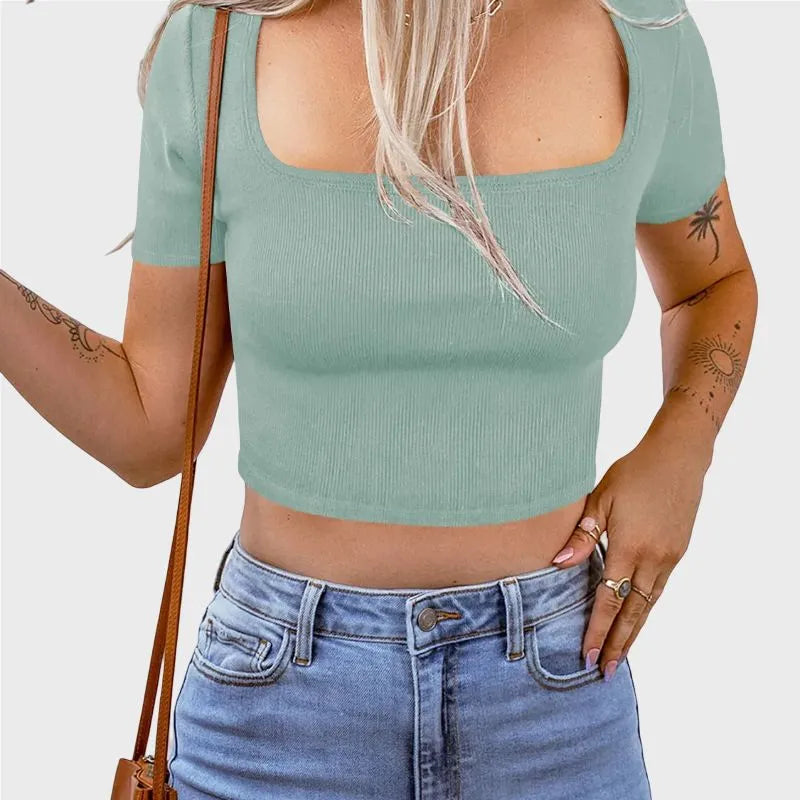 Green Crop Top Short Sleeve for Women