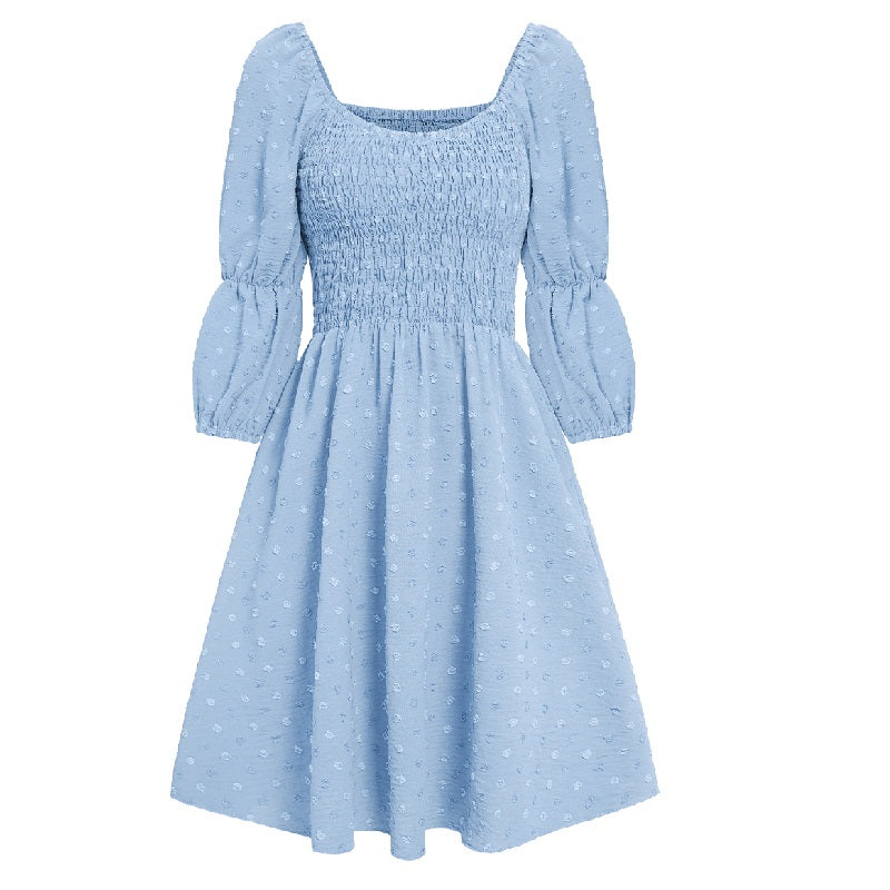 A Line Dresses Puff Sleeve Square Neck Blue Dress REENOVY A Line Dresses Puff Sleeve Square Neck Blue Dress REENOVY