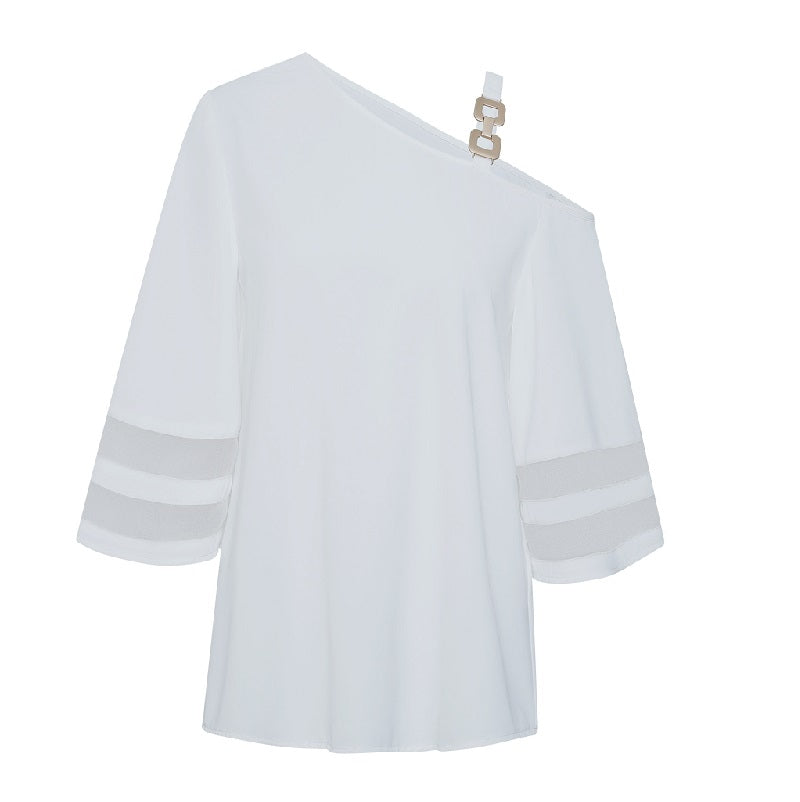 One Shoulder Blouse Elbow Sleeve White Blouse