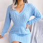 Women's Cable Knit  Dress V neck Slim Fit Sweater Dress in Blue