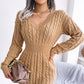 Women's Cable Knit Winter Dress V neck Slim Fit Pullover Dress in Kakhi