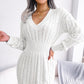 Women's Cable Knit Winter Dress V neck Slim Fit Pullover Dress in Off White