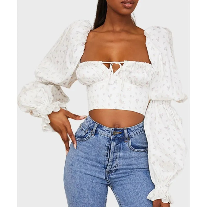 Floral Crop Top in White with Puff Long Sleeve