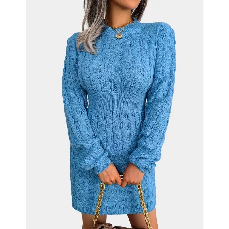 Cable Knit Blue Sweater Dress Crew Neck