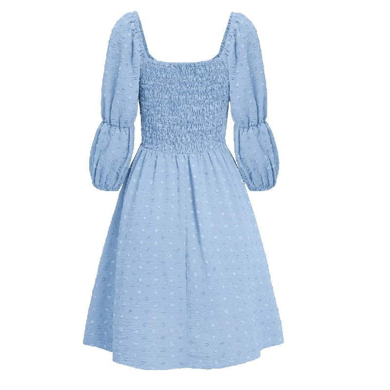 A Line Dresses Puff Sleeve Square Neck Blue Dress REENOVY A Line Dresses Puff Sleeve Square Neck Blue Dress REENOVY
