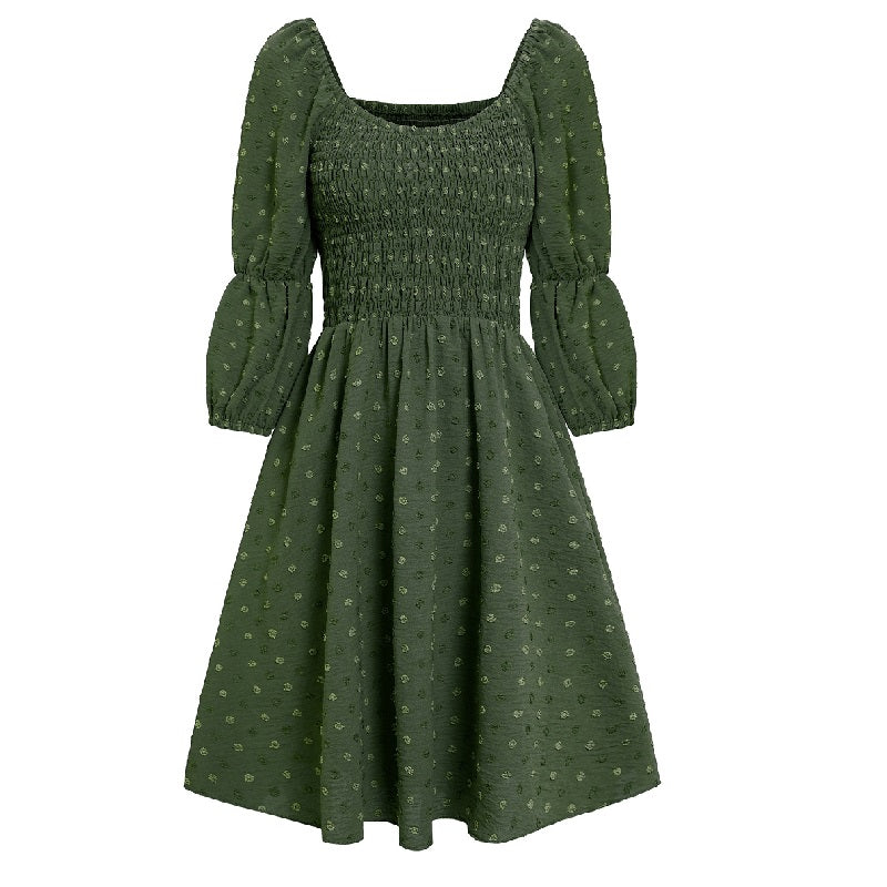 A Line Dresses Puff Sleeve Square Neck Green Dress