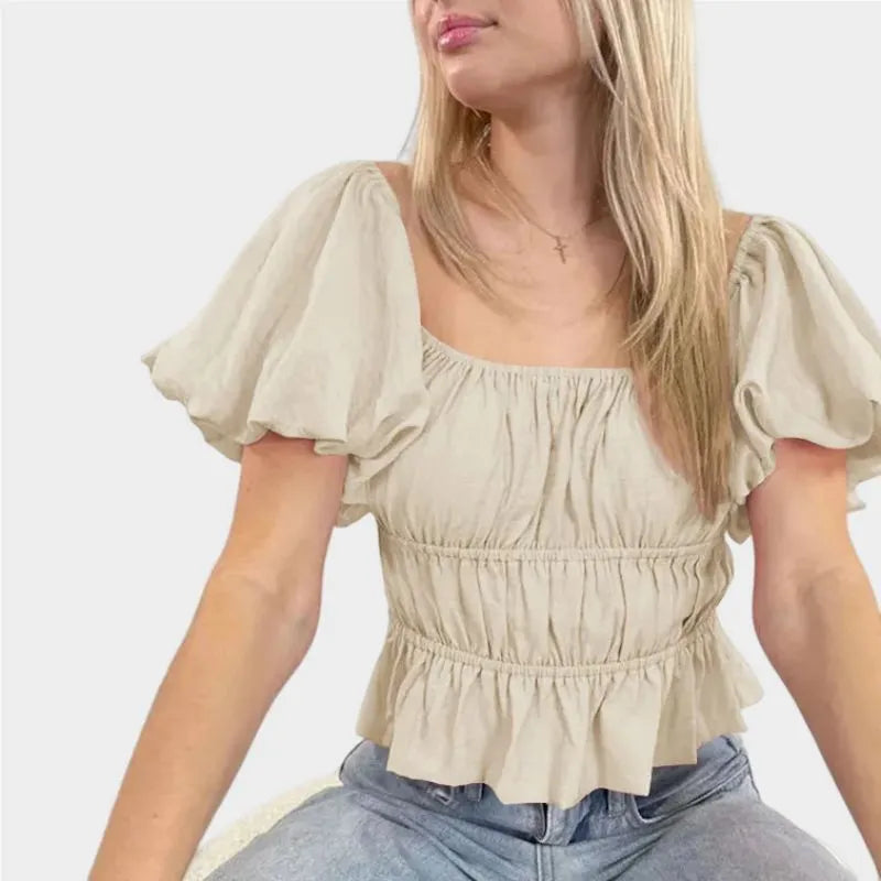 Off The Shoulder Ruffle Crop Top with Puffy Sleeves