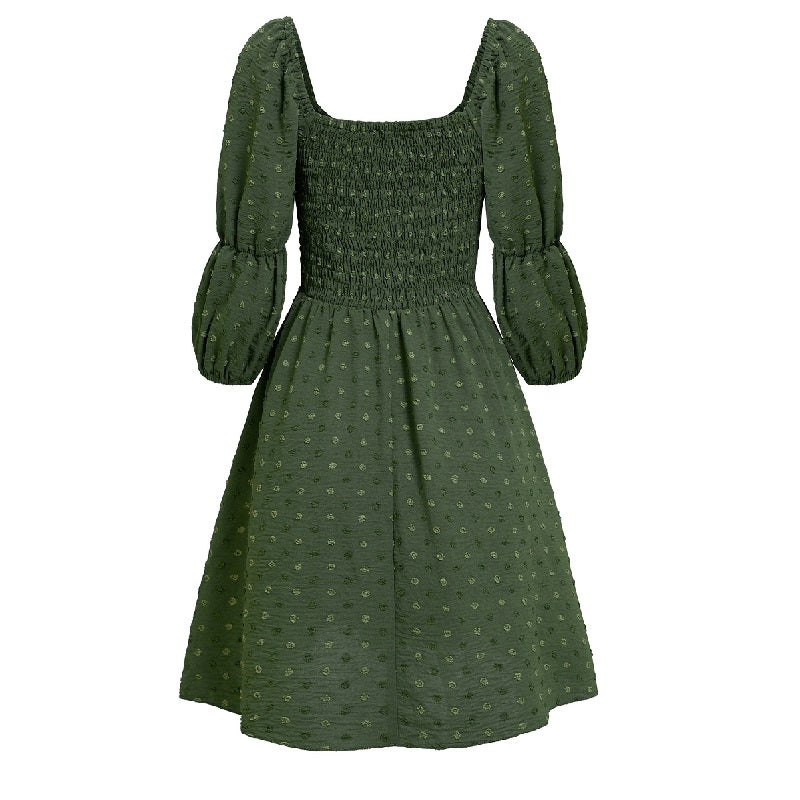 A Line Dresses Puff Sleeve Square Neck Green Dress