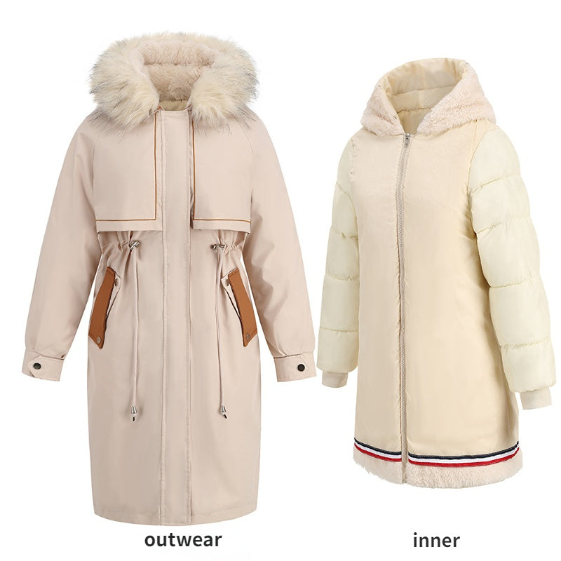 Women's 2-in-1 Winter Coat with Inner Warm Fleece Coat Fur Collar Long Padding Jacket
