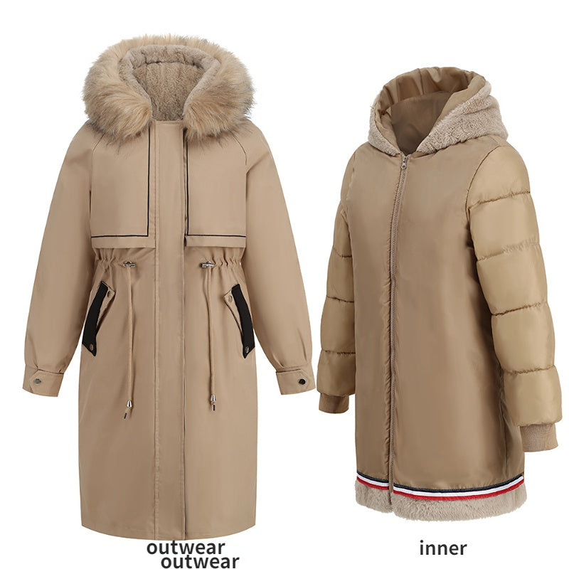 Women's 2-in-1 Winter Coat with Inner Warm Fleece Coat Fur Collar Long Padding Jacket in Brown