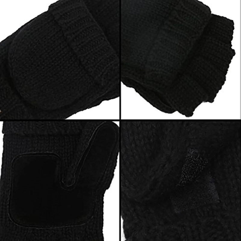 Black Fingerless Gloves with Flap Wool Blend for Typing, Biker, Driving
