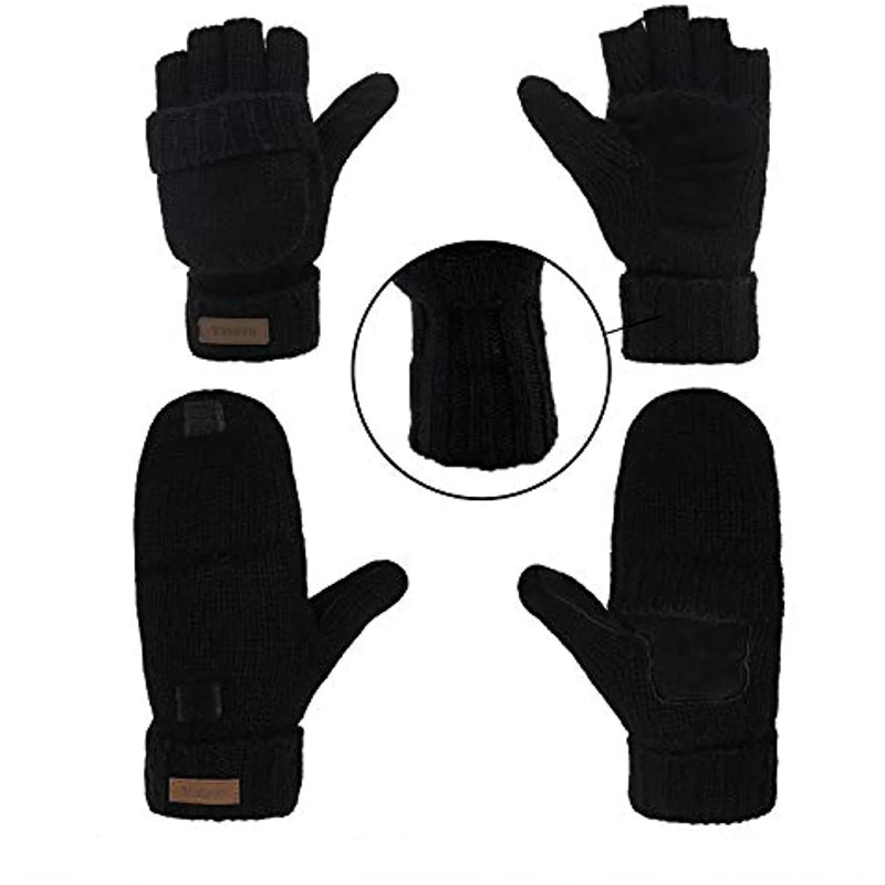 Black Fingerless Gloves with Flap Wool Blend for Typing, Biker, Driving