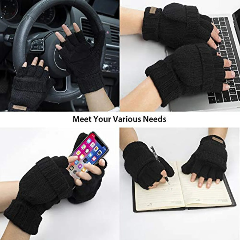 Black Fingerless Gloves with Flap Wool Blend for Typing, Biker, Driving