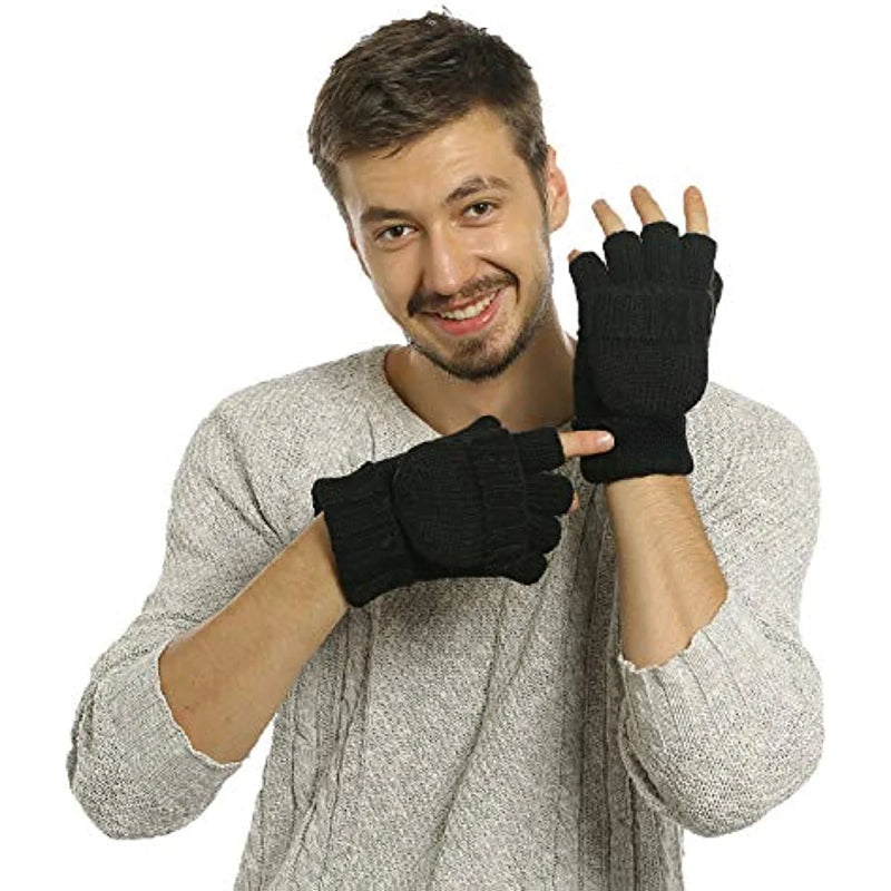 Black Fingerless Gloves with Flap Wool Blend for Men Typing, Biker, Driving