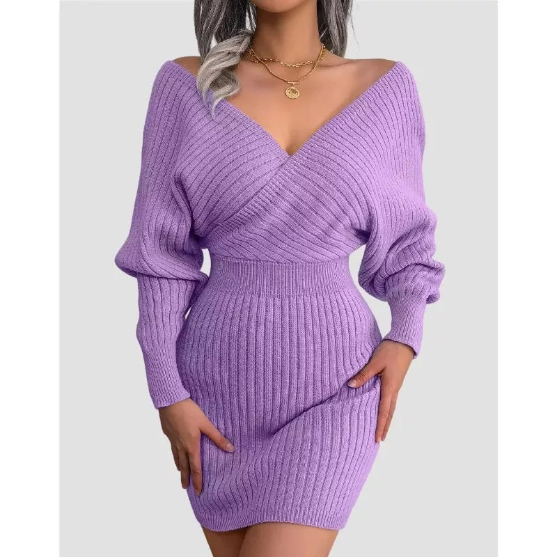 Purple Bodycon Sweater Dress V neck Batwing Sleeve Sexy Dress