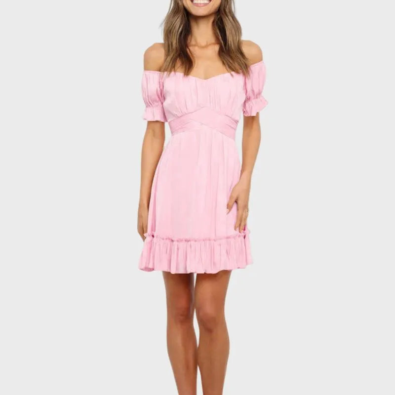 Pink Off The Shoulder Dress Ruffle Wedding Guest Dress