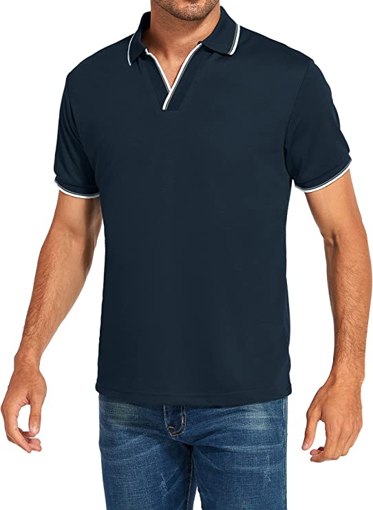 Men's V-neck Collar Polo Shirt Casual Summer Basic Tops in Navy
