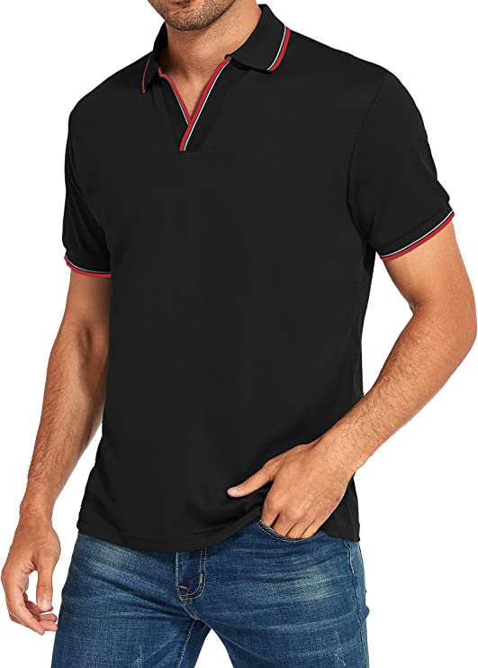 Men's V-neck Collar Polo Shirt Casual Summer Basic Tops in Black