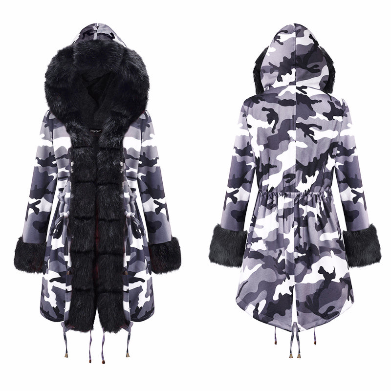 Womens Parka Jacket with Fur Collar Heavyweight Performace Parka in Camo Print