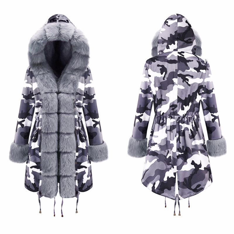 Womens Parka Jacket with Fur Collar Heavyweight Performace Parka in Camo Print