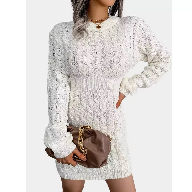 Cable Knit White Sweater Dress Crew Neck