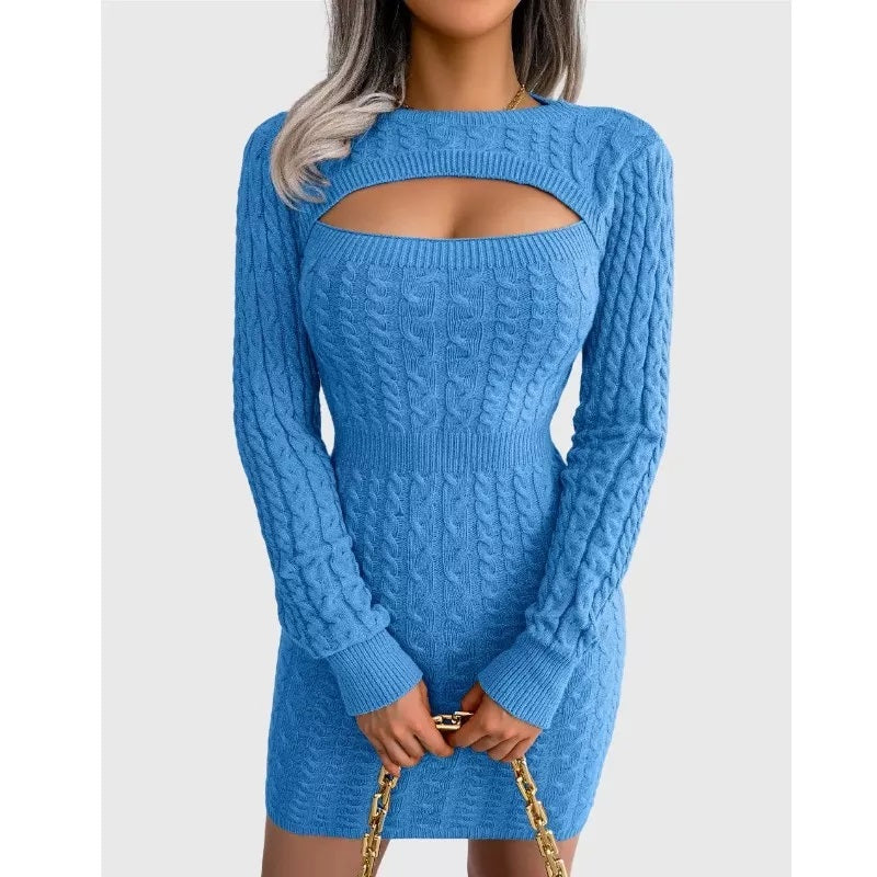 Cable Mini Sweater Dress Bodycon Fit Cutout Bust Sexy Blue Dresses