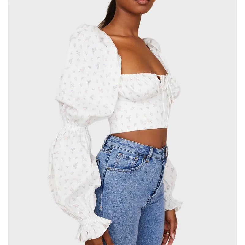 Floral Crop Top in White with Puff Long Sleeve