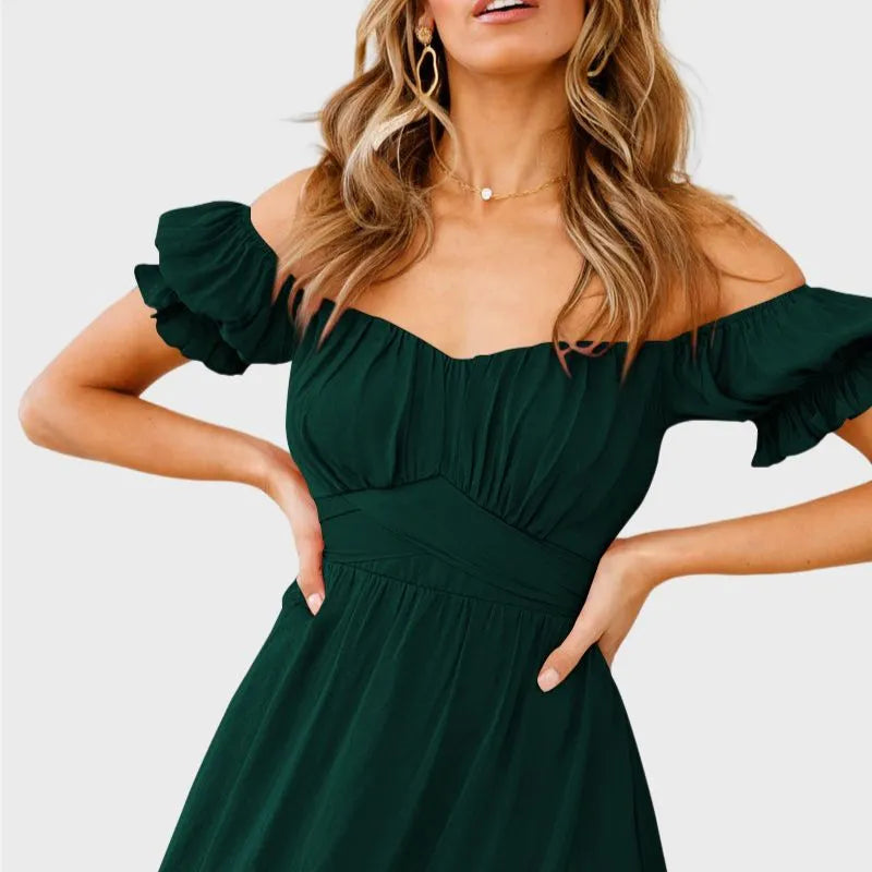 Green Off The Shoulder Dress Short Sleeve Ruffle Dress