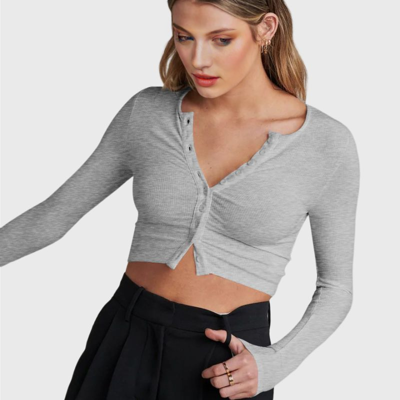 V Neck Crop Top Long Sleeve Button Up