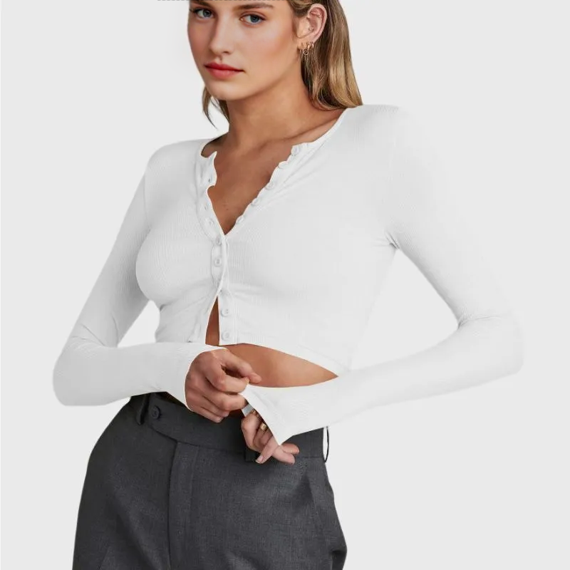 Long Sleeve White T Shirt Crop Top Button Up 
