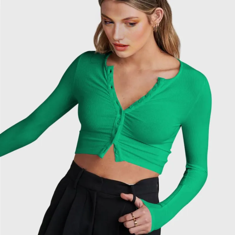 Green Button Up Crop Top Long Sleeve 