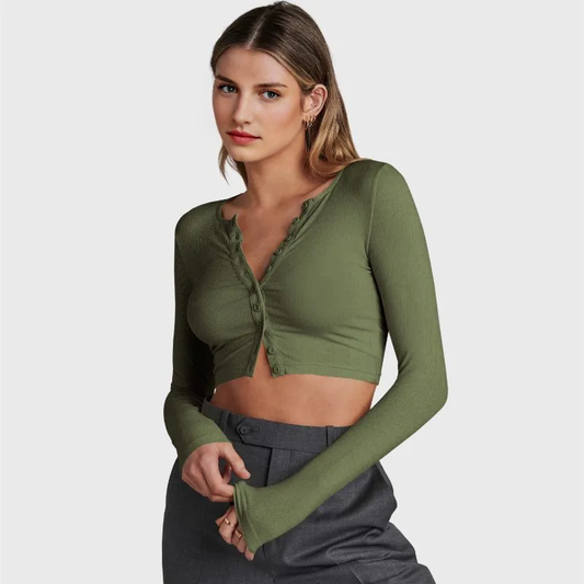 Button Up Crop Top Shirt Long Sleeve