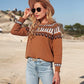 Womens Sweater Print Knit Boho pullover Aztec in Brown