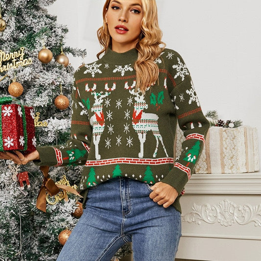 Ugly Christmas Sweater Long Sleeve Pullover Christmas Elk Deer Print in Green