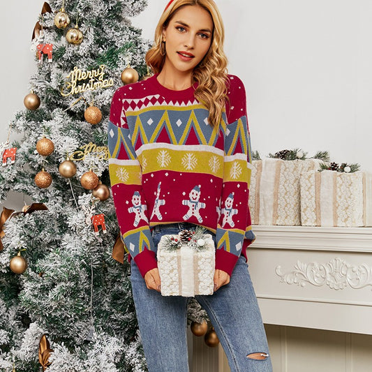 Ugly Christmas Sweater Knit Pullover Snowmen Print Red Sweater